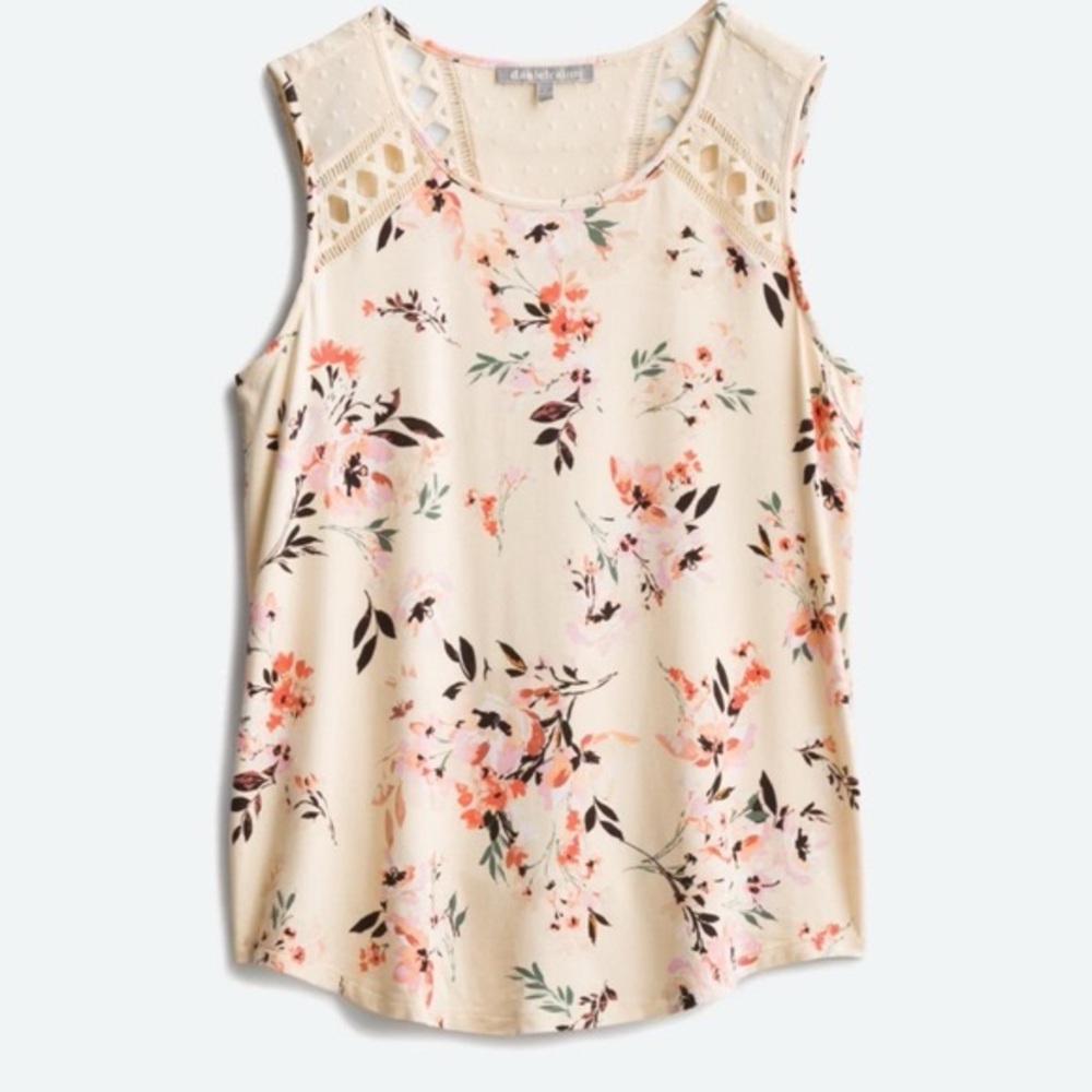 Daniel Rainn Floral Sleeveless Top L | Crochet Yoke Cream Pink Blouse